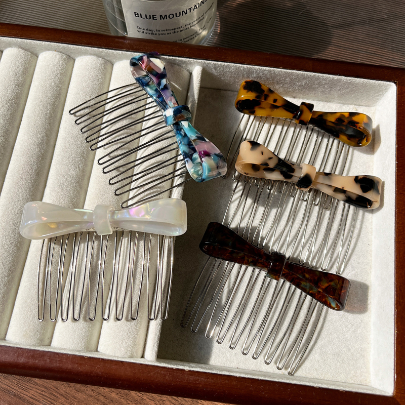 Pieptene de păr cu imprimeu leopard și fundă, acetat, lucrat manual, antiderapant