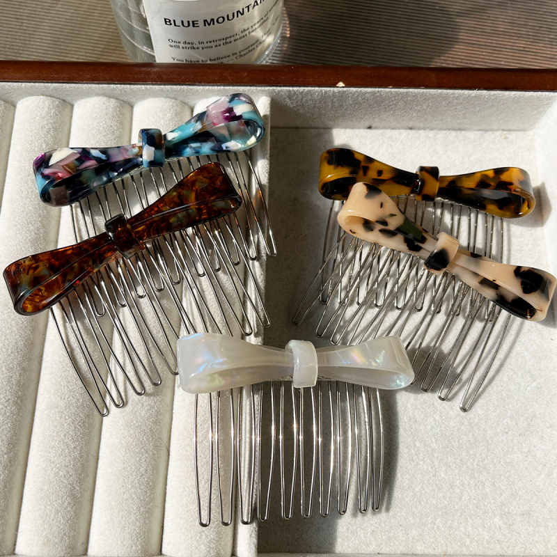 Pieptene de păr cu imprimeu leopard și fundă, acetat, lucrat manual, antiderapant