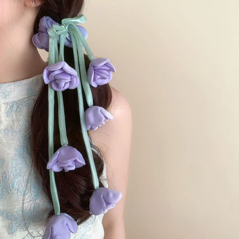 Rccoy Scrunchie Lily of the Valley s cvijetom i resicama, tekstilni elastični klips — visoke elastičnosti