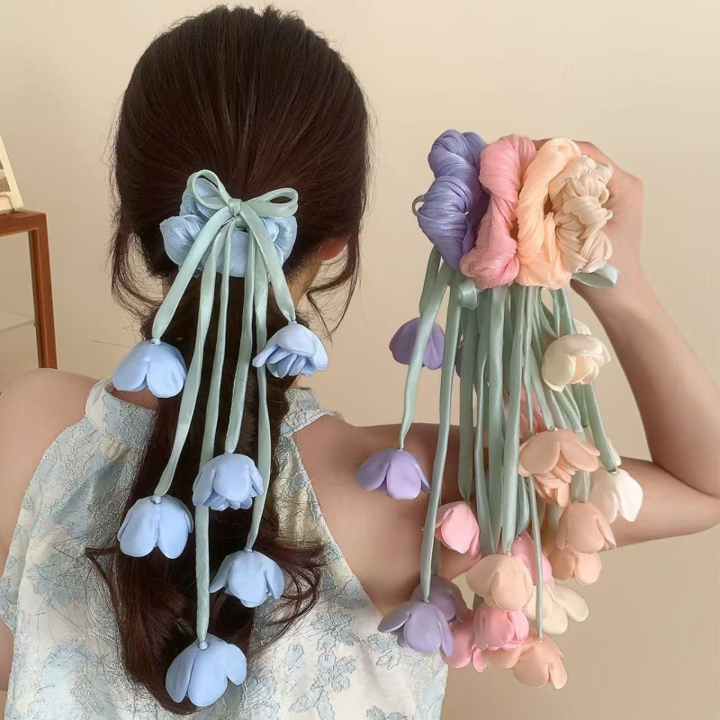 Rccoy Scrunchie Lily of the Valley s cvijetom i resicama, tekstilni elastični klips — visoke elastičnosti