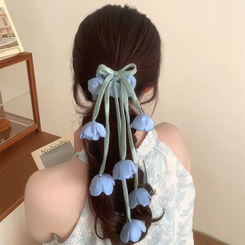 Rccoy Scrunchie Lily of the Valley s cvijetom i resicama, tekstilni elastični klips — visoke elastičnosti