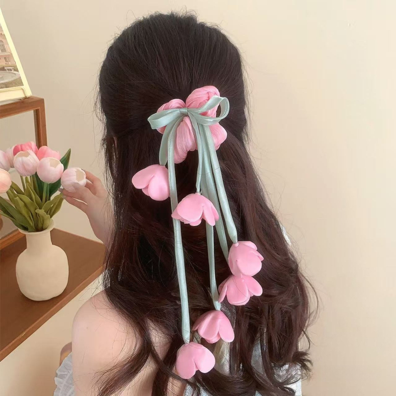 Rccoy Scrunchie Lily of the Valley s cvijetom i resicama, tekstilni elastični klips — visoke elastičnosti