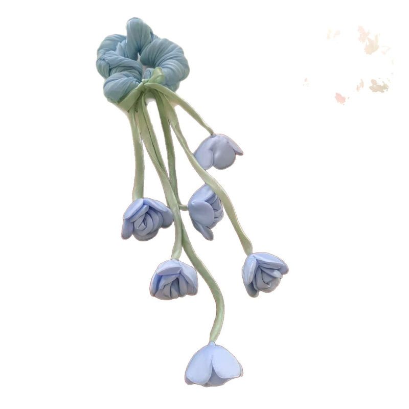 Rccoy Scrunchie Lily of the Valley s cvijetom i resicama, tekstilni elastični klips — visoke elastičnosti