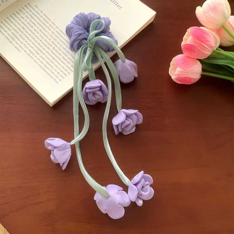Rccoy Scrunchie Lily of the Valley s cvijetom i resicama, tekstilni elastični klips — visoke elastičnosti