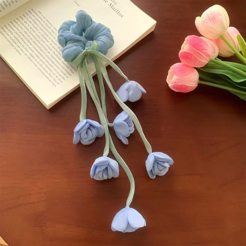 Rccoy Scrunchie Lily of the Valley s cvijetom i resicama, tekstilni elastični klips — visoke elastičnosti