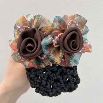Мрежест аксесоар за коса, ръчна изработка, прост и елегантен дизайн, с три цветя, подходящ за сватби