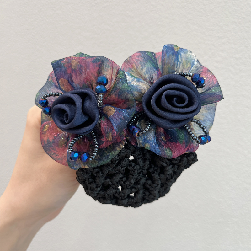 Мрежест аксесоар за коса, ръчна изработка, прост и елегантен дизайн, с три цветя, подходящ за сватби