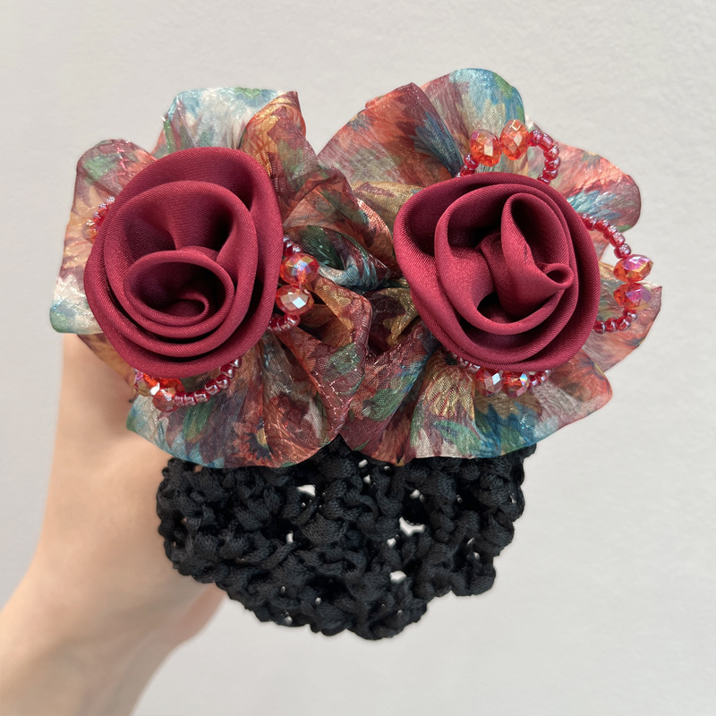 Мрежест аксесоар за коса, ръчна изработка, прост и елегантен дизайн, с три цветя, подходящ за сватби