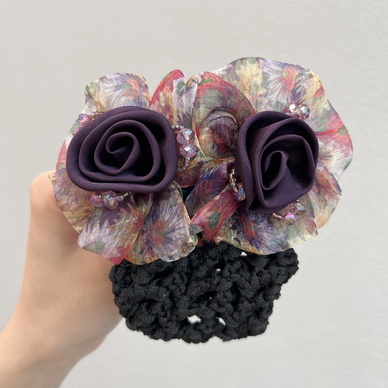 Мрежест аксесоар за коса, ръчна изработка, прост и елегантен дизайн, с три цветя, подходящ за сватби