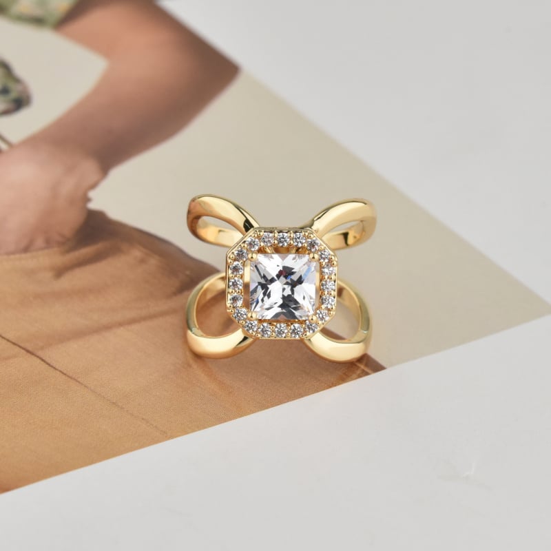 Spona na šál zo saténu s X-prstenom a mašličkou – zliatina, zirkónová vsadba, elektroplatina, dámsky módny doplnok, Scarecrow Jewelry