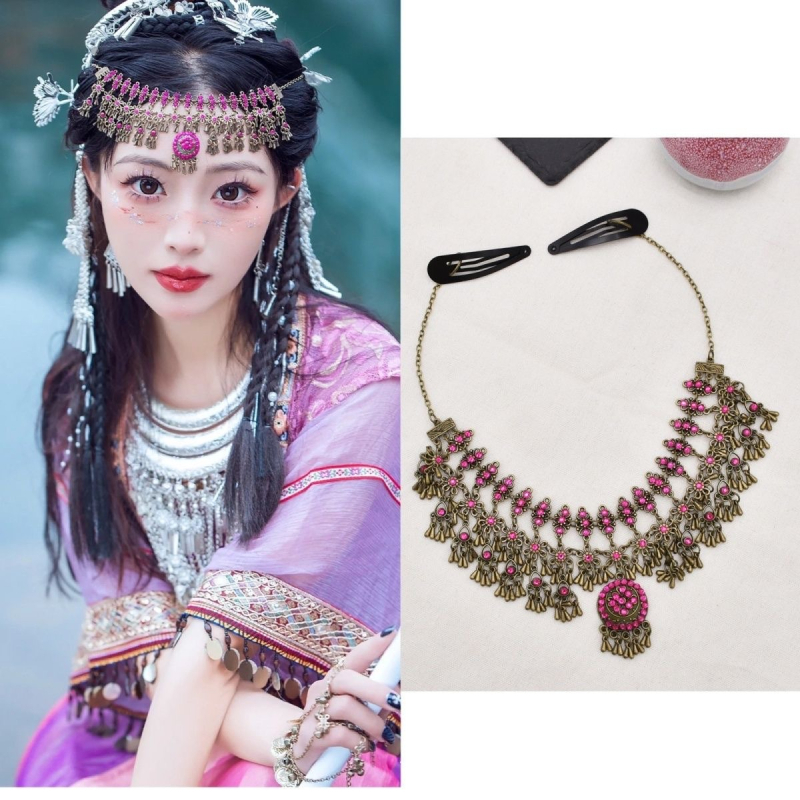 Antička Miao headdress s retro resicama na čelo, egzotičan etnički stil, dodatak za kosu za fotografije
