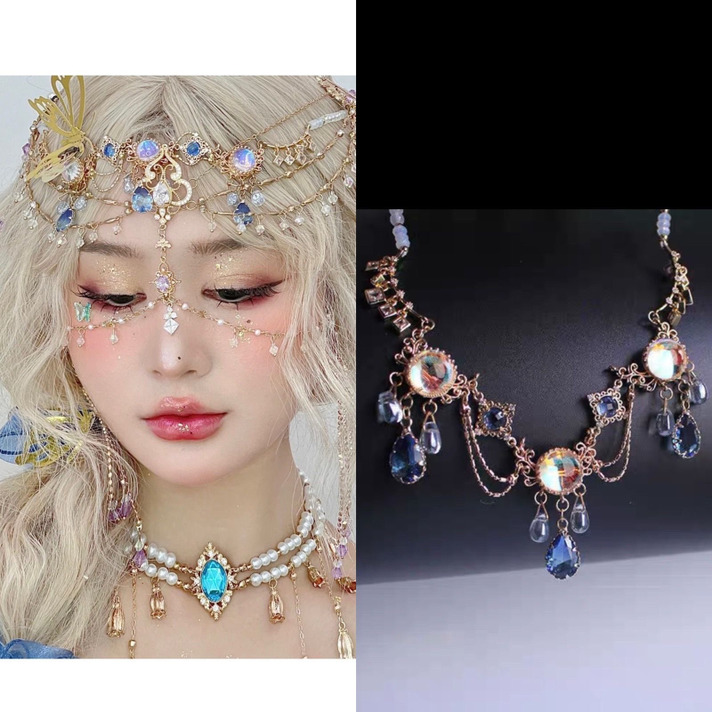 Etnopeakaunistus bojtidega ja veetilja kujulise otsmiku dekoratsiooniga, juukseklips, elektroplaaditud sulam