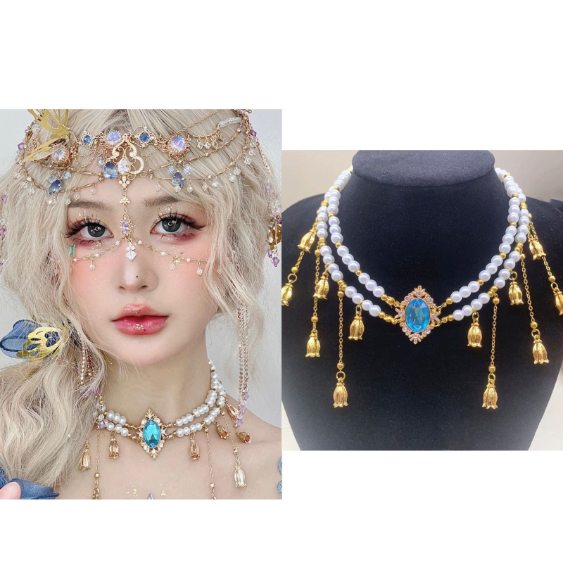 Etnopeakaunistus bojtidega ja veetilja kujulise otsmiku dekoratsiooniga, juukseklips, elektroplaaditud sulam