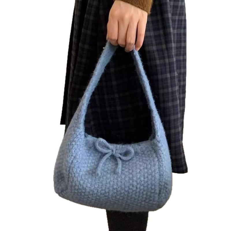 Geantă tote tricotată pentru femei – lucrată manual, lână, stil coreean, formă florală, colecție iarnă 2025