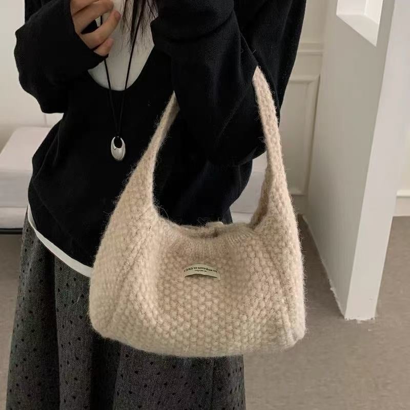Geantă tote tricotată pentru femei – lucrată manual, lână, stil coreean, formă florală, colecție iarnă 2025