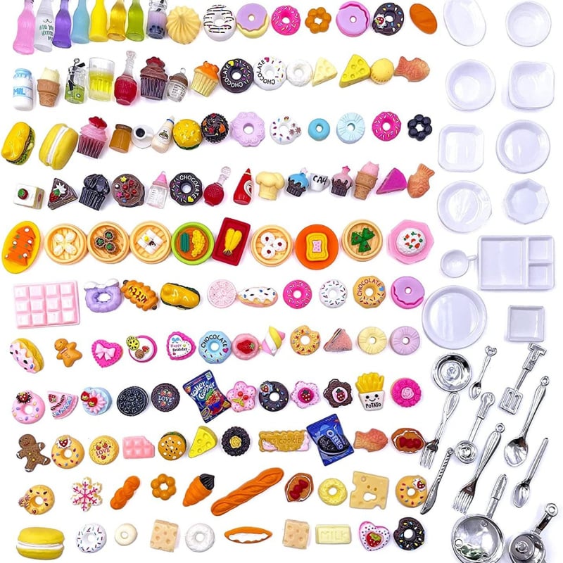 150 броя миниатюрни бутилки за храна и напитки за къща за кукли – пластмаса/смола, без електричество, ръчно управление, готов за DIY