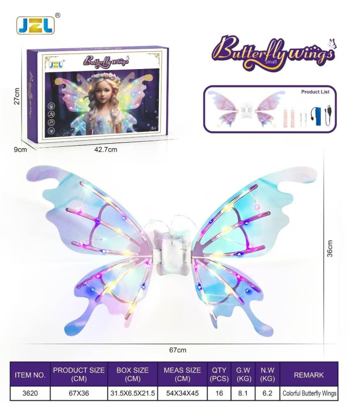 Vaikų šviesūs drugelių sparnai – judantys šviesos sparnai, plastikinė nugaros dekoracija, skirta 7–14 metų vaikams