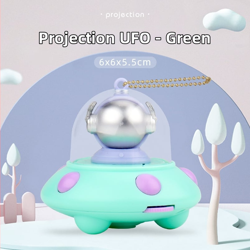 Ключодържател с прожектор: мини светещ аксесоар с дизайн летяща чиния и астронавт (LED проектор, пластмасов, за деца 4–6 години)