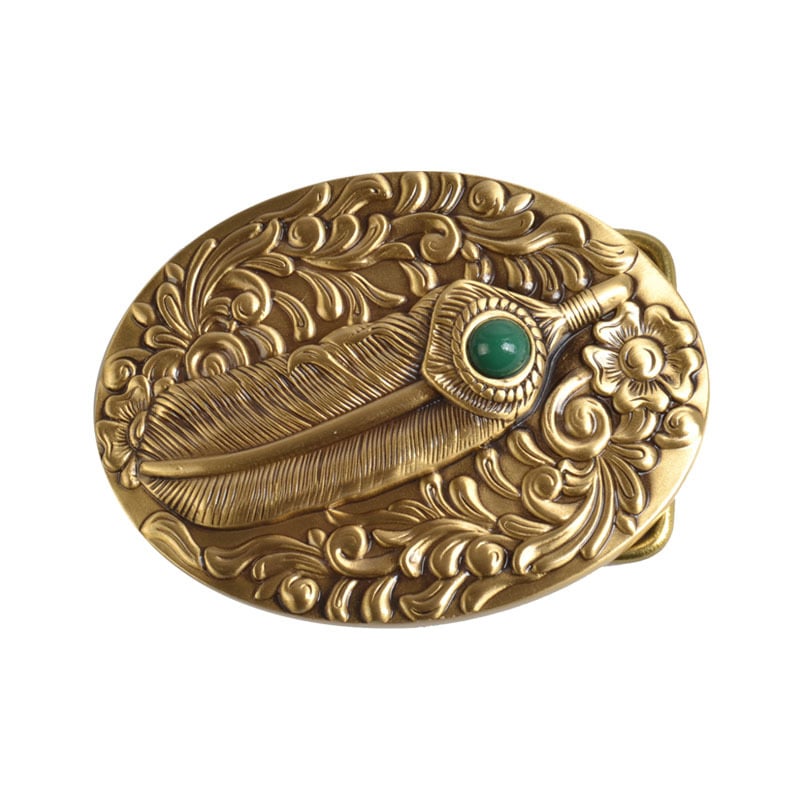 Férfi övcsat rézből, sima csat, DIY dísz virágokkal és tollakkal, kőpaneles öv kiegészítő