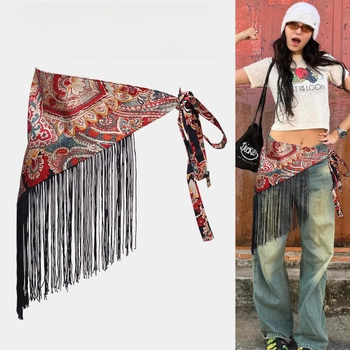 Etno-stílusú pamut deréköv rózsa mintával és bojtokkal, hossza 135 cm