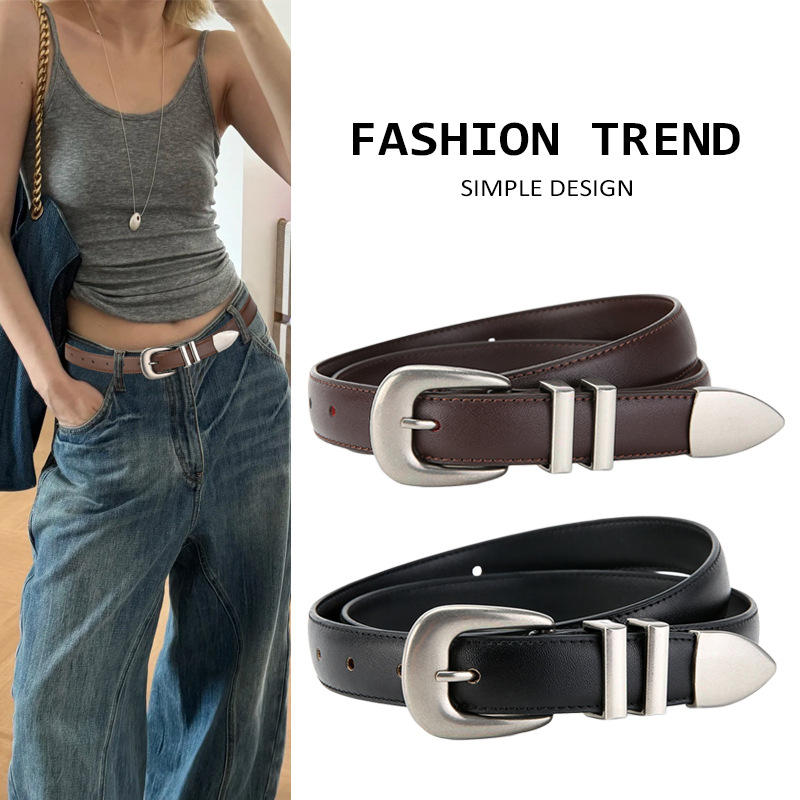 Centură femei pentru jeanși, design slim, lățime 2-4 cm, piele din două straturi, cataramă din aliaj, închidere cu știft