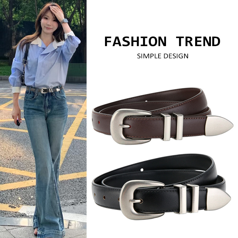 Centură femei pentru jeanși, design slim, lățime 2-4 cm, piele din două straturi, cataramă din aliaj, închidere cu știft