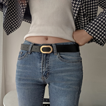 Imitált bőrből készült öv ovális csattal, sima zárás, szélesség 2–4 cm, elliptikus csattal, ruhákhoz és farmerekhez