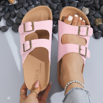 Sieviešu sandales ar dubultu sprādzi un vienu siksnu, Xiaoyuge Hy1563, apaļa purngala, plakana zole, pavasaris 2025