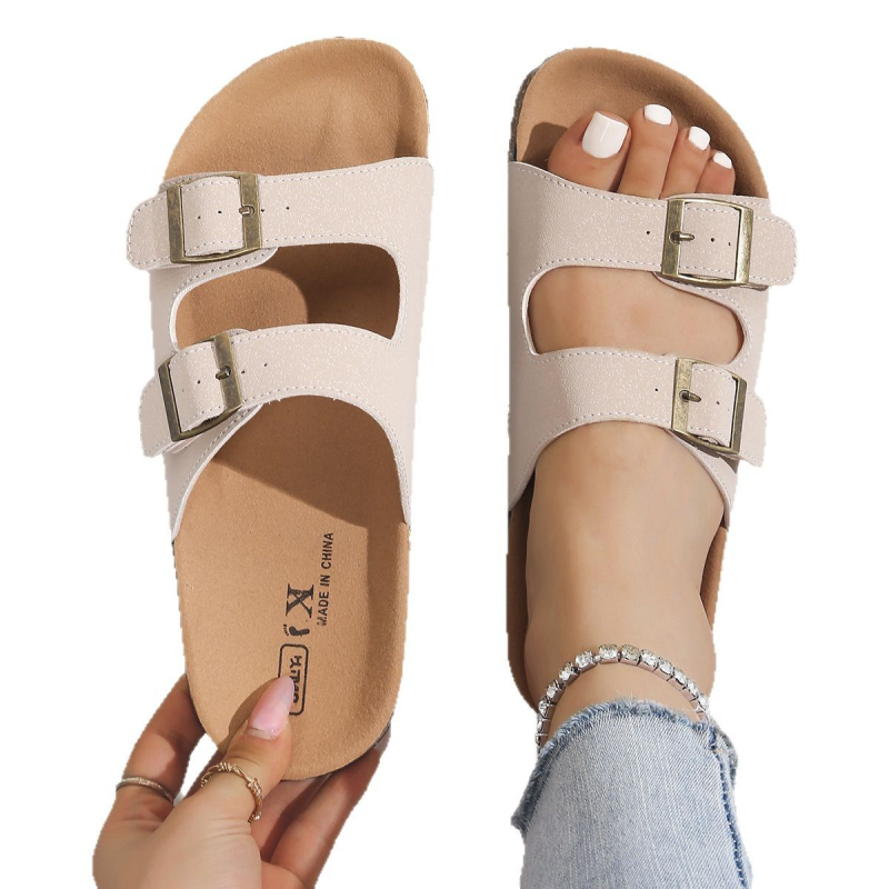 Sieviešu sandales ar dubultu sprādzi un vienu siksnu, Xiaoyuge Hy1563, apaļa purngala, plakana zole, pavasaris 2025