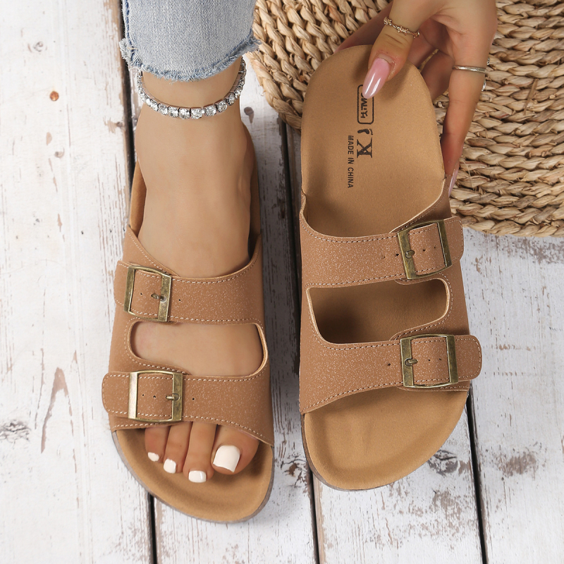 Sieviešu sandales ar dubultu sprādzi un vienu siksnu, Xiaoyuge Hy1563, apaļa purngala, plakana zole, pavasaris 2025