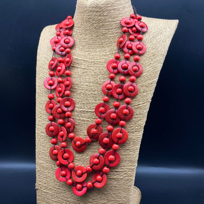 Fa gyöngyökből készült nyaklánc — több rétegből álló, etnikus retro stílus, szabályos lánc