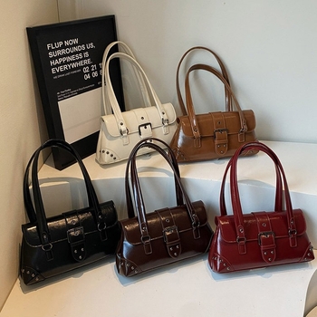 Τσάντα μασχάλης με ρετρό αγκράφα ζώνης, γυναικεία PU τσάντα σε αστικό μινιμαλιστικό στυλ, στυλ μασχάλης, οριζόντιο τετράγωνο σχήμα, καλυμμένο άνοιγμα