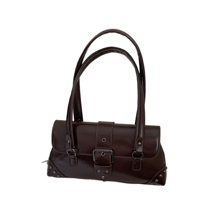 Τσάντα μασχάλης με ρετρό αγκράφα ζώνης, γυναικεία PU τσάντα σε αστικό μινιμαλιστικό στυλ, στυλ μασχάλης, οριζόντιο τετράγωνο σχήμα, καλυμμένο άνοιγμα