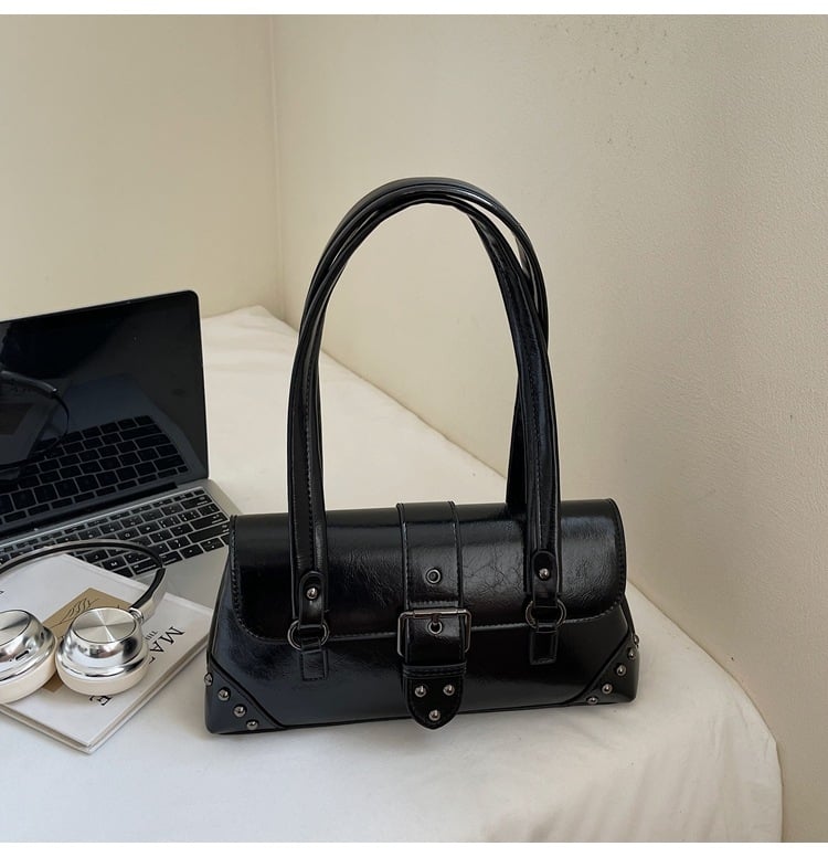 Τσάντα μασχάλης με ρετρό αγκράφα ζώνης, γυναικεία PU τσάντα σε αστικό μινιμαλιστικό στυλ, στυλ μασχάλης, οριζόντιο τετράγωνο σχήμα, καλυμμένο άνοιγμα