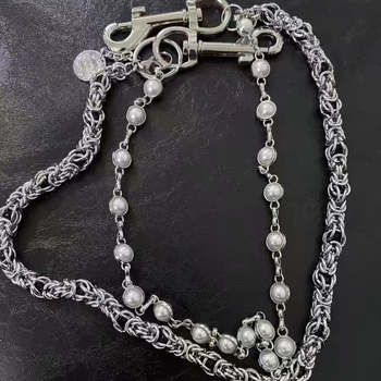 Lanac za struk - Dvostruko biserno perlan, ručna izrada, ulični stil, metal, duljina 60-80 cm