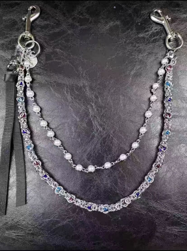 Lanac za struk - Dvostruko biserno perlan, ručna izrada, ulični stil, metal, duljina 60-80 cm