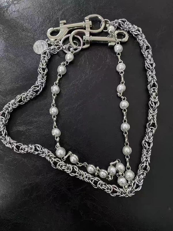 Lanac za struk - Dvostruko biserno perlan, ručna izrada, ulični stil, metal, duljina 60-80 cm