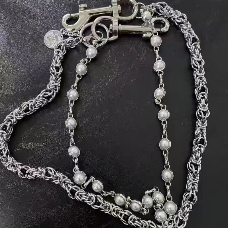 Lanac za struk - Dvostruko biserno perlan, ručna izrada, ulični stil, metal, duljina 60-80 cm