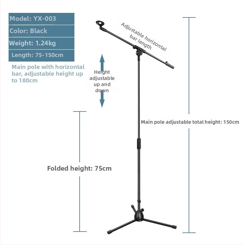 Mikrofona statīvs ar trim kājām, grīdas statīvs, vertikāls šķērsstienis, modelis 103