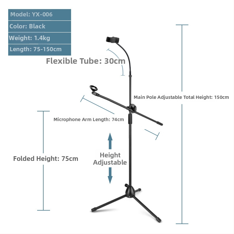 Mikrofona statīvs ar trim kājām, grīdas statīvs, vertikāls šķērsstienis, modelis 103