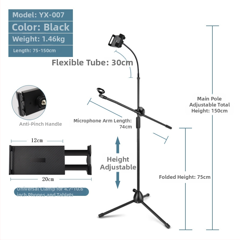 Mikrofona statīvs ar trim kājām, grīdas statīvs, vertikāls šķērsstienis, modelis 103