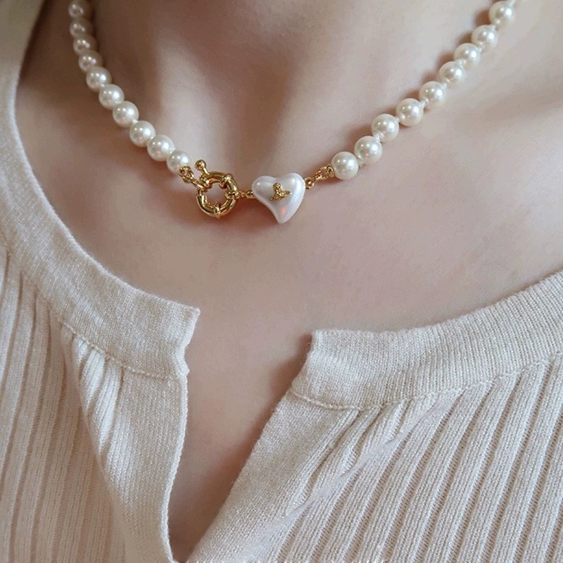 Ogrlica s umjetnim biserima, ručna izrada, lanac s bisernim nizu, privjesak od mother-of-pearl, 19 g