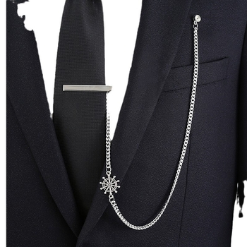 Nyakkendőcsipesz hosszú lánccal, formális öltözethez, férfiaknak, réz alapanyagú, Elektroplatírozott, hossz 5,5 cm, motív hajó kormány és medve