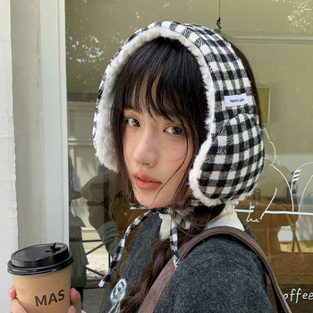 Κουκούλες για τα αυτιά με κορδόνια, βελούδινο ύφασμα, καρό σχέδιο, γυναικεία χειμωνιάτικη ζεστασιά