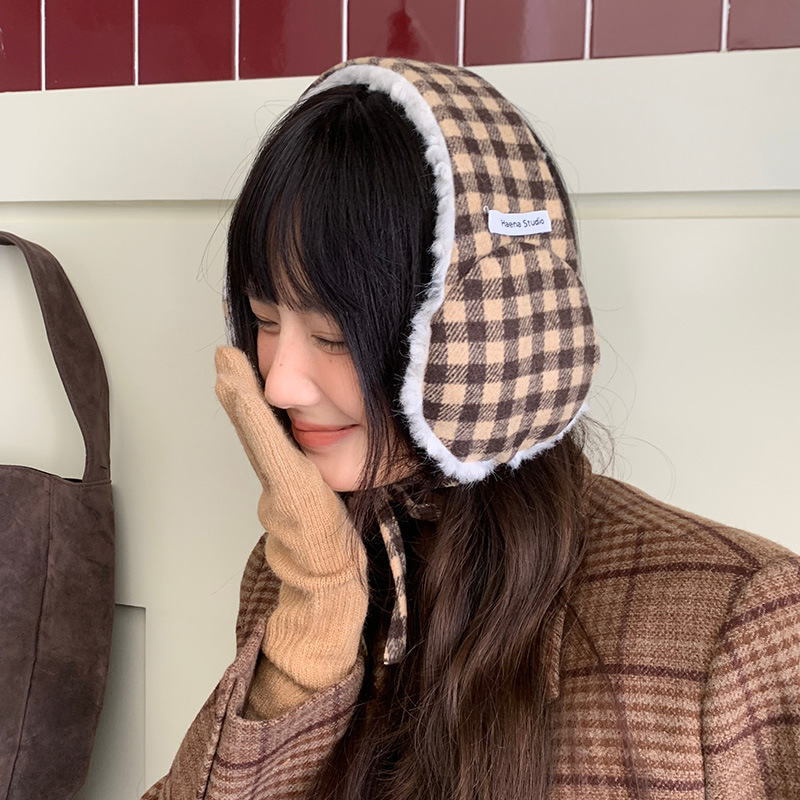 Κουκούλες για τα αυτιά με κορδόνια, βελούδινο ύφασμα, καρό σχέδιο, γυναικεία χειμωνιάτικη ζεστασιά