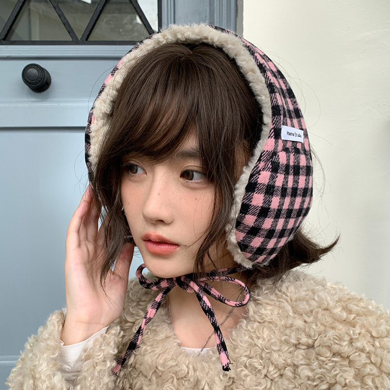 Κουκούλες για τα αυτιά με κορδόνια, βελούδινο ύφασμα, καρό σχέδιο, γυναικεία χειμωνιάτικη ζεστασιά