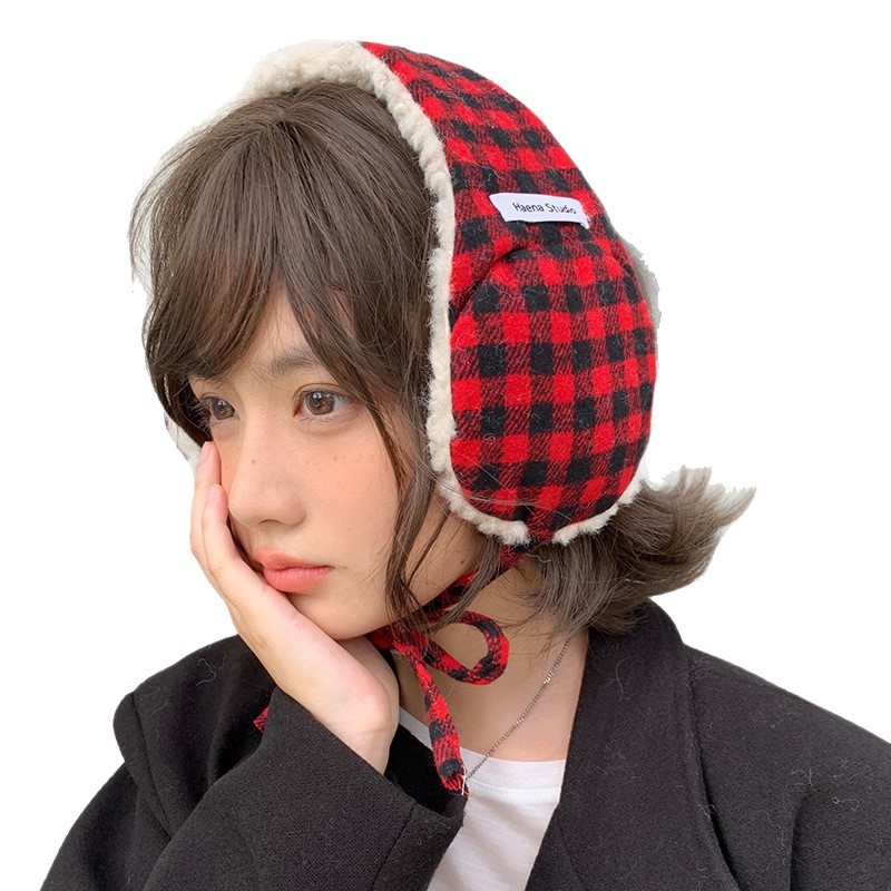 Κουκούλες για τα αυτιά με κορδόνια, βελούδινο ύφασμα, καρό σχέδιο, γυναικεία χειμωνιάτικη ζεστασιά
