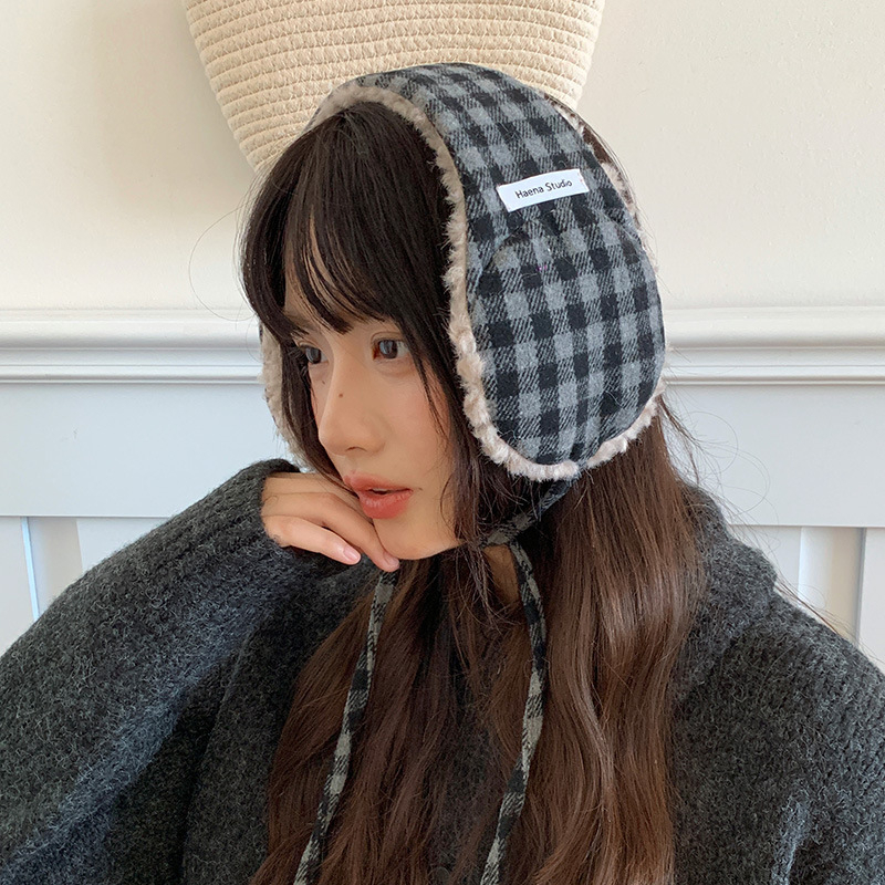 Κουκούλες για τα αυτιά με κορδόνια, βελούδινο ύφασμα, καρό σχέδιο, γυναικεία χειμωνιάτικη ζεστασιά