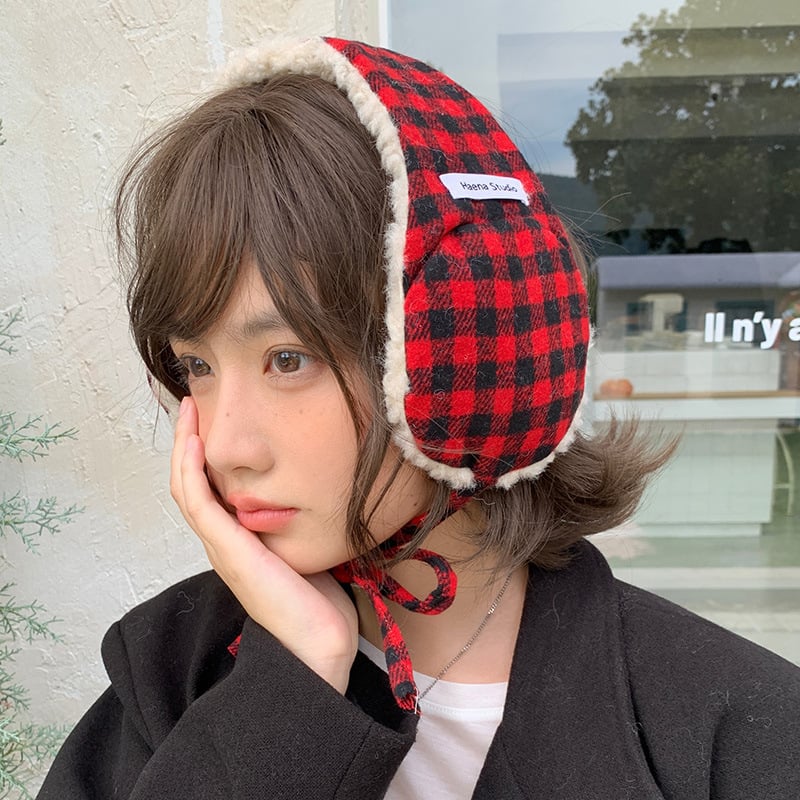 Κουκούλες για τα αυτιά με κορδόνια, βελούδινο ύφασμα, καρό σχέδιο, γυναικεία χειμωνιάτικη ζεστασιά