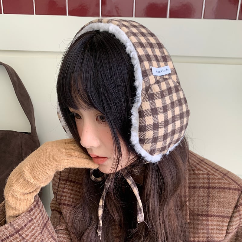 Κουκούλες για τα αυτιά με κορδόνια, βελούδινο ύφασμα, καρό σχέδιο, γυναικεία χειμωνιάτικη ζεστασιά